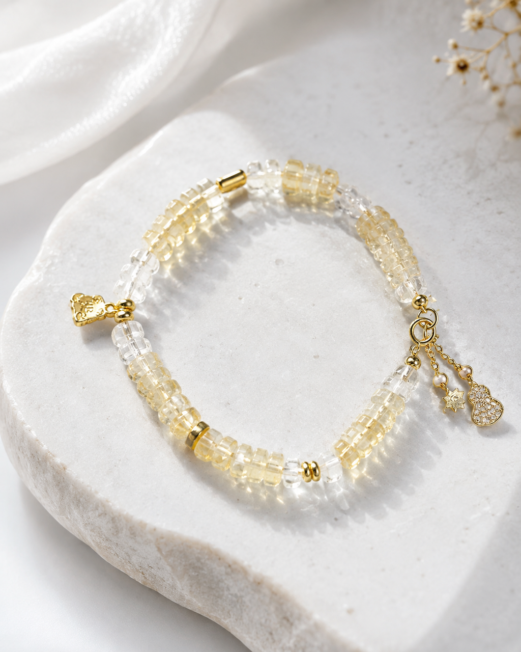 Golden Luck Bracelet with citrine and clear quartz beads and gold charms