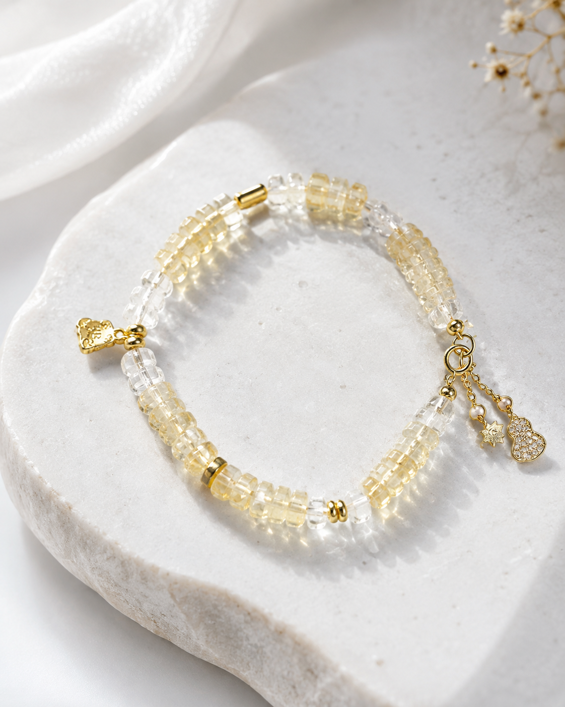Golden Luck Bracelet with citrine and clear quartz beads and gold charms