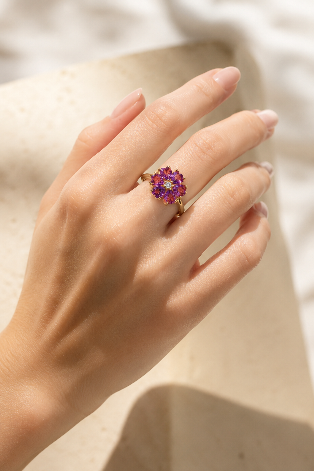 Violet Gem Flower Ring worn on a hand