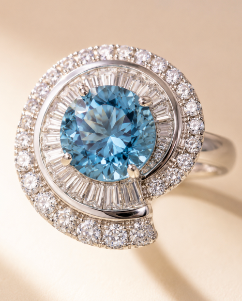 Close-up of the Azure Halo Ring crystal halo setting
