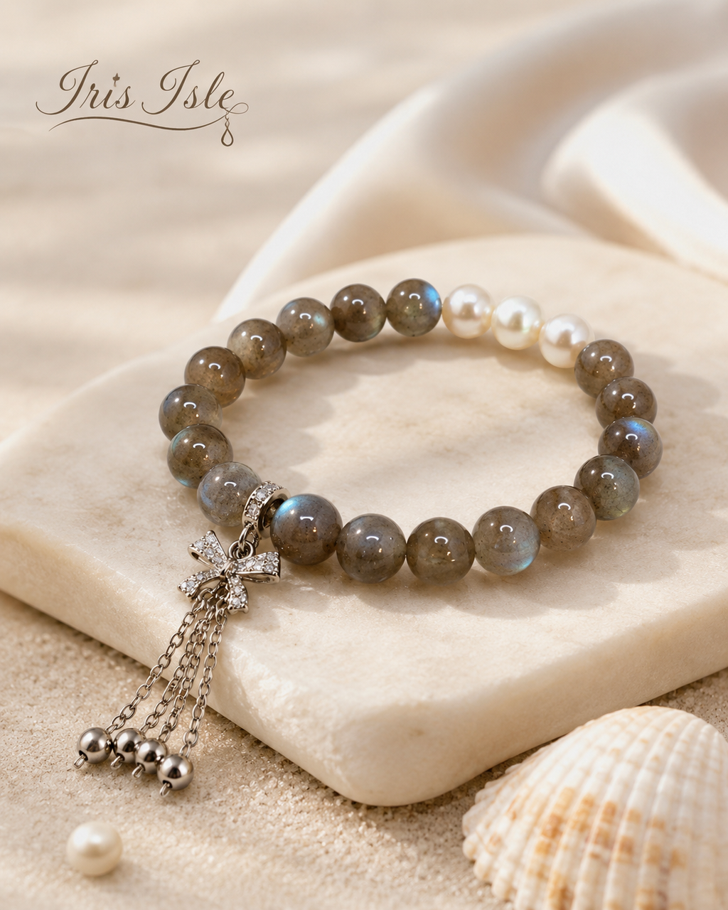 Labradorite & Pearl Bracelet on marble tile with shell