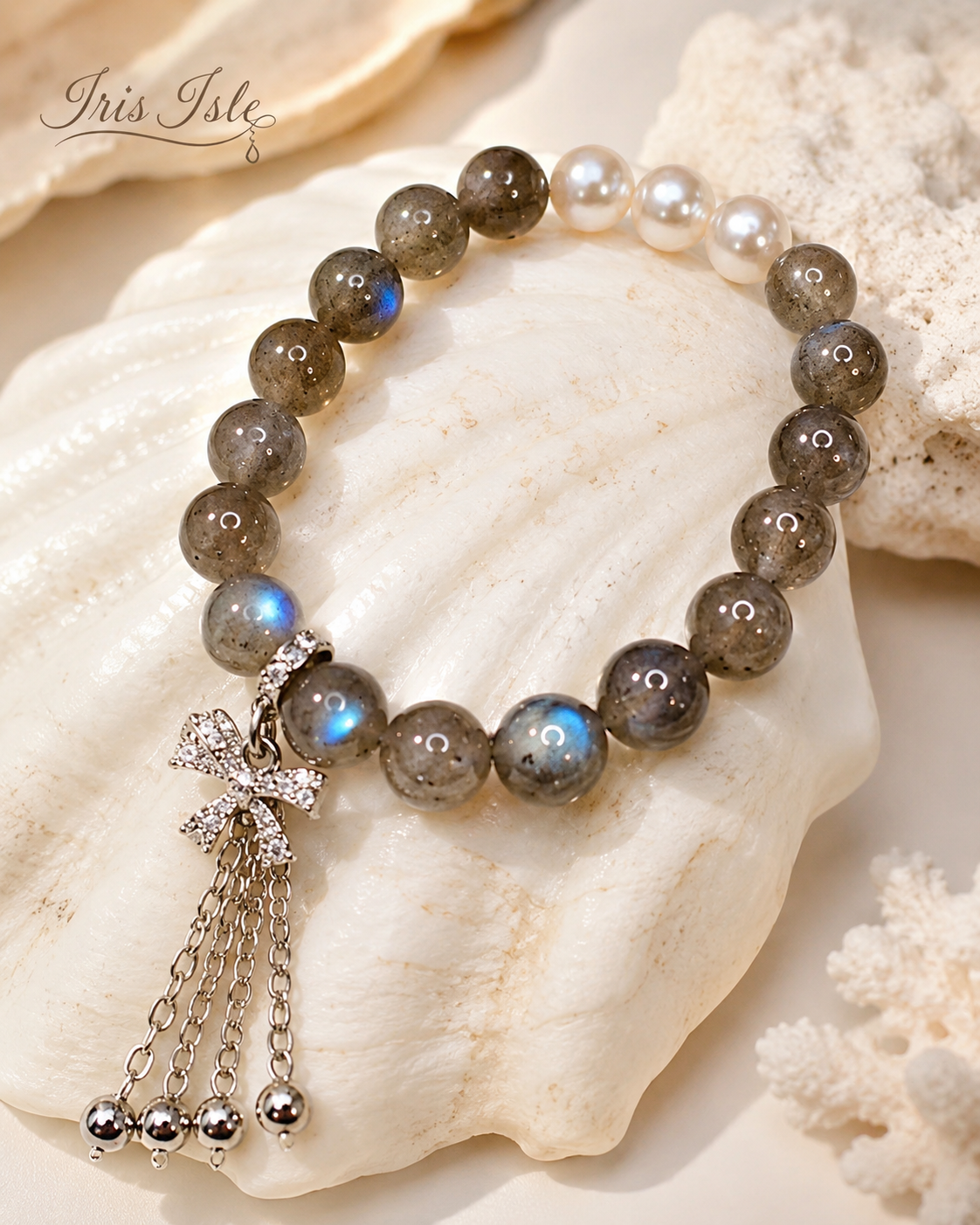 Labradorite & Pearl Bracelet resting on white shell