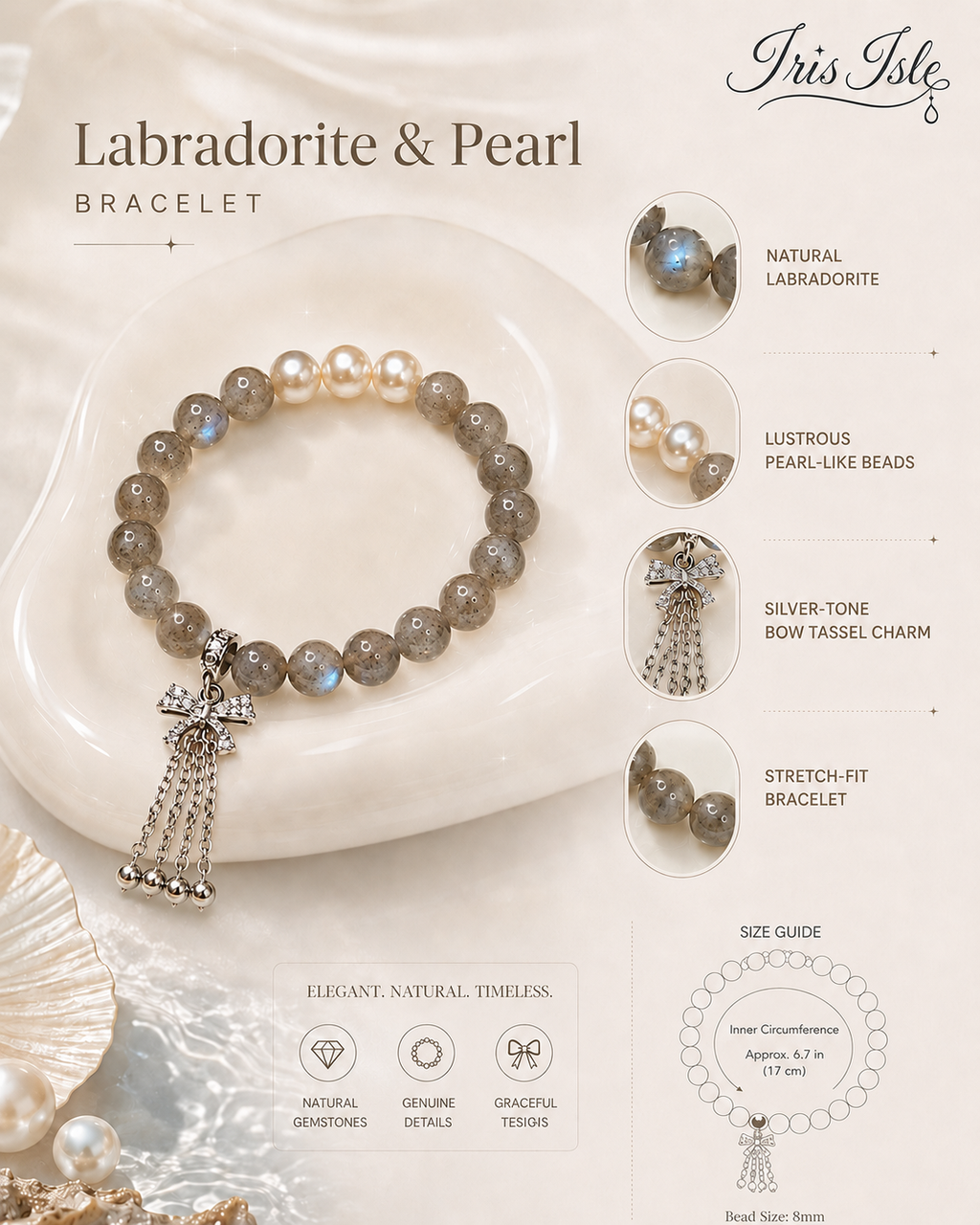 Labradorite & Pearl Bracelet feature details and size guide