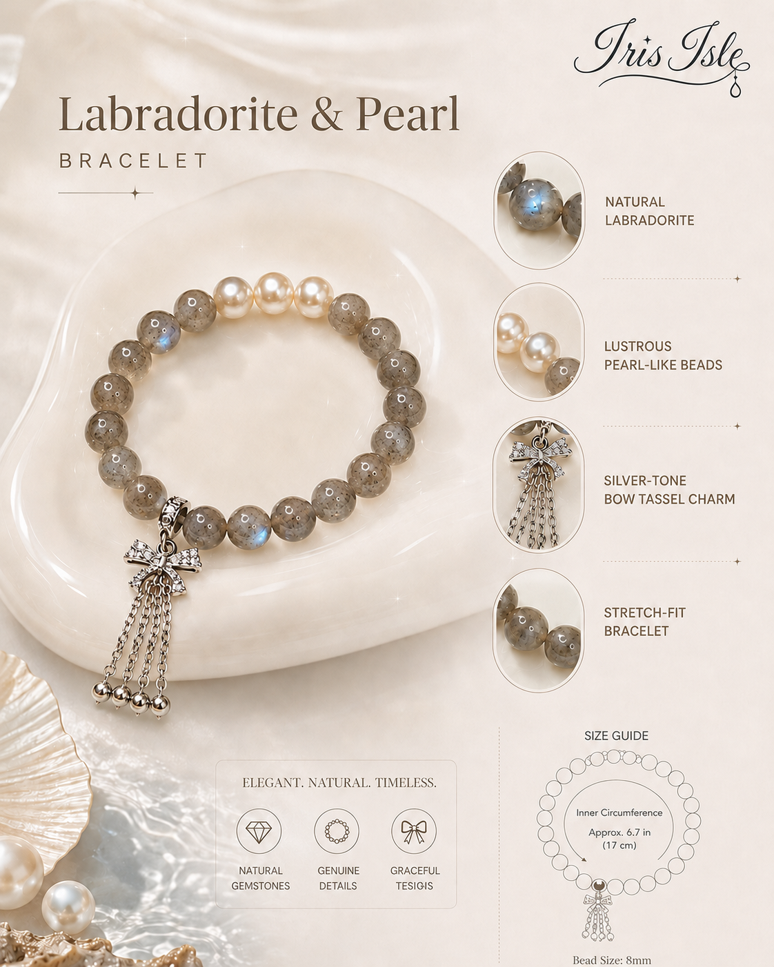 Labradorite & Pearl Bracelet feature details and size guide