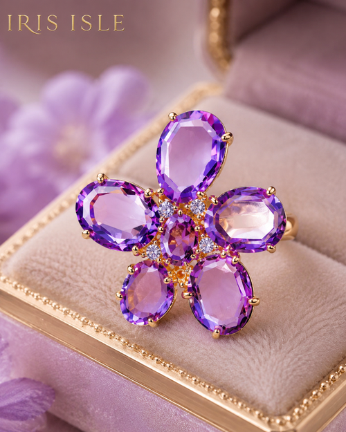 Amethyst Bloom Ring on velvet ring box