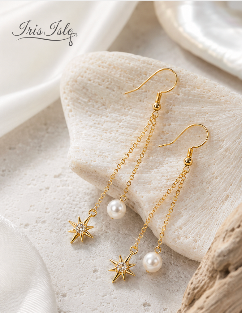 Starlight Pearl Earrings styled with coral